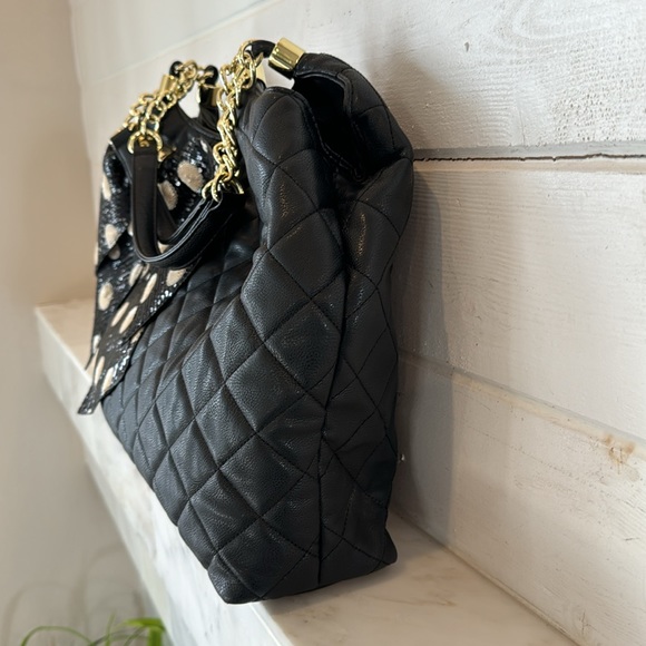 Betsy Johnson Large Black Quilted Sequin Polka Dot Bow Tote Bag - Picture 7 of 14